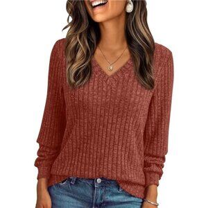 Women's V Neck Caramel Long Sleeve Shirt Fall Fashion Tops Tunic Dressy Casual